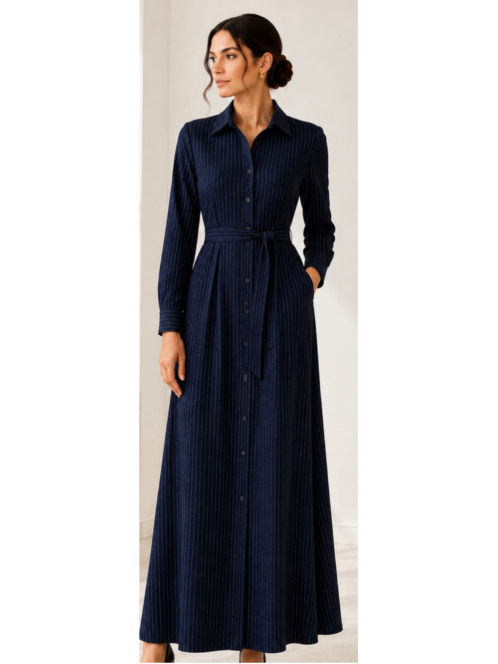 Weili Zheng Silver Metallic Pinstripe Maxi Shirt Dress Navy White Size S NWT!